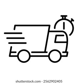 A fast-driving truck with a stopwatch, symbolizing quick delivery, time-sensitive shipments, and expedited logistics round line vector icon with editable stroke