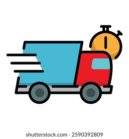 A fast-driving truck with a stopwatch, symbolizing quick delivery, time-sensitive shipments, and expedited logistics round line vector icon with editable stroke