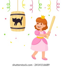 Fastelavn celebration in Denmark. Little girl in princess dress hitting cat barrel with a bat. Cute cartoon vector illustration.