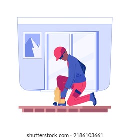 Fasten floor underlayment isolated concept vector illustration. Repairman with a drill installing a floor, wooden parquet, rough interior works, residential construction vector concept.