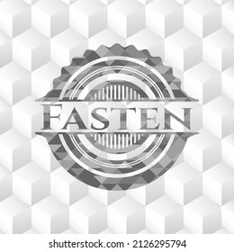Fasten grey emblem with geometric cube white background. 