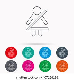 Fasten seat belt icon. Human silhouette sign. Linear icons in circles on white background.