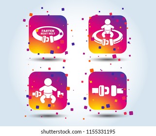 Fasten seat belt icons. Child safety in accident symbols. Vehicle safety belt signs. Colour gradient square buttons. Flat design concept. Vector