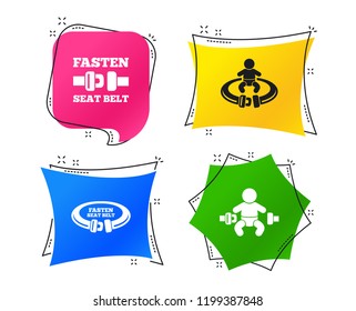 Fasten seat belt icons. Child safety in accident symbols. Vehicle safety belt signs. Geometric colorful tags. Banners with flat icons. Trendy design. Vector