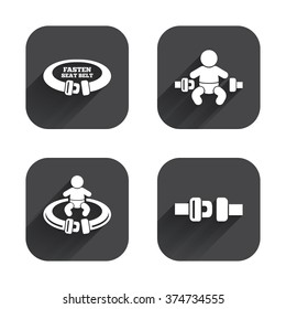 Fasten seat belt icons. Child safety in accident symbols. Vehicle safety belt signs. Square flat buttons with long shadow.