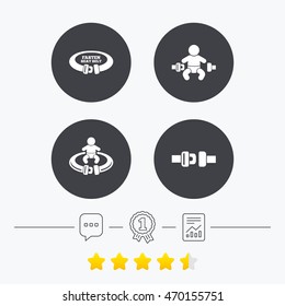 Fasten seat belt icons. Child safety in accident symbols. Vehicle safety belt signs. Chat, award medal and report linear icons. Star vote ranking. Vector