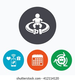 Fasten seat belt sign icon. Child safety in accident. Mobile payments, calendar and wifi icons. Bus shuttle.