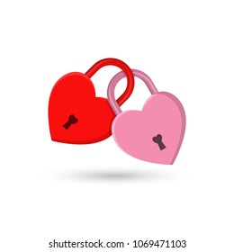 The fastened red and pink hearts in the form of locks. Concept of love, wedding, engagement. Flat style. Vector illustration.