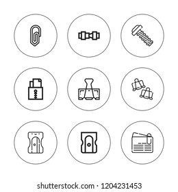 Fastener icon set. collection of 9 outline fastener icons with clip, paperclip, sharpener, screw, safety belt icons. editable icons.