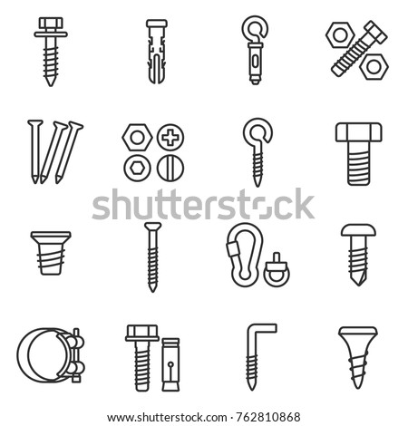 fastener icons set. Assortment of fasteners linear design. Line with editable stroke