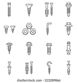fastener icons set. bolts, nuts and screws, thin line design. building supplies, linear symbols collection. isolated vector illustration.