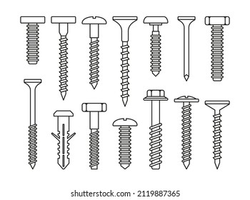 Fasteners, Bolt and Screws Set on White Background. Vector