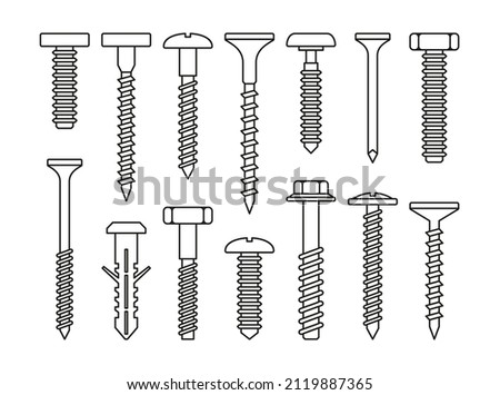 Fasteners, Bolt and Screws Set on White Background. Vector