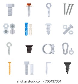 Fasteners, icon set. Assortment of fasteners. Self-tapping screws, bolts, anchors, clamps. collection of isolated illustrations