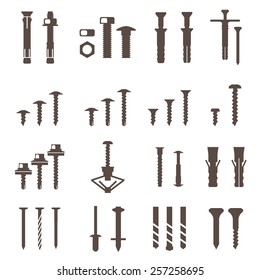 Los iconos de fasteners se configuran. Tornillos y uñas.Vector. 