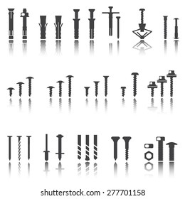 Fasteners icons set. Screws and nails.Vector set. Shadow reflection. 
