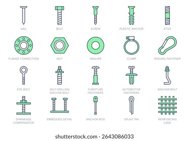 Fasteners line icon set. Vector illustration include - clamp, plastic dowel, nail, pin, iron nut, fixture, bolt outline pictogram for coupling constructions. Green Color, Editable Stroke.