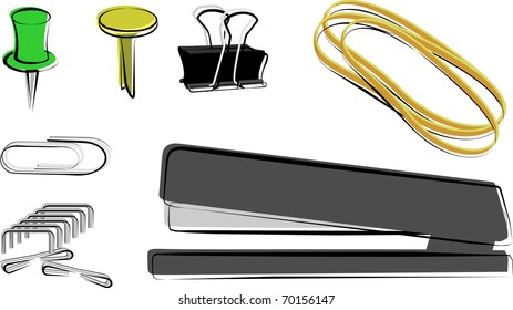 Fasteners: Paper clip, push pin, brad, binder clip, rubber band, stapler and staples