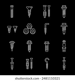 Elementos de fijación, iconos de línea blanca. Pernos, tuercas, tornillos y otros elementos de fijación. Esencial para la construcción y temas de bricolaje. Símbolos sobre fondo negro. Trazo editable.