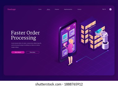 Faster order processing concept. Robotic automated process in warehouse, smart retrieval system for storage. Vector landing page of RPA with isometric woman manage logistic with smartphone