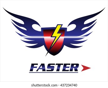 faster. shield & wings with the  light icon. red shield with the black flame. winged red shield and light.