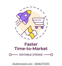 Faster time to market multi color concept icon. Products launching improvement. Benefit of using PIM system. Round shape line illustration. Abstract idea. Graphic design. Easy to use in presentation