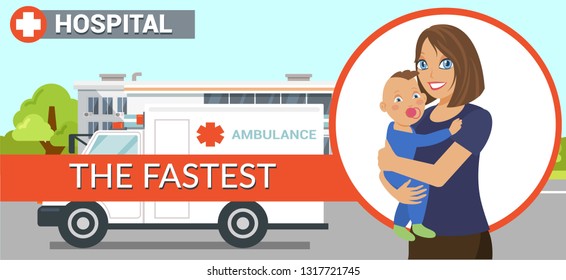 Fastest Ambulance Flat Vector Banner Template. Mother with Baby Cartoon Character. Medical Car on Hospital Background Clipart. Healthcare Color Poster, Text Space, Frame. Medic Advertising Concept