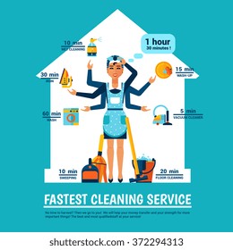 Fastest cleaning service design concept with woman in apron and cleaning tools at house silhouette background vector illustration 