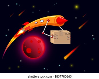 Fastest delivery service. The rocket delivery man flies at high speed and carries the package in robotic hands. Illustration of a delivery on a background of space, stars, planets and meteorites