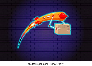 Schnellster Lieferservice. Der Raketenlieferant in Neonfarbe fliegt mit hoher Geschwindigkeit und trägt das Paket in robotischen Händen. Vintage-Vektorgrafik für eine Geburt auf einem Hintergrund aus Ziegelstein illuminierte Wand