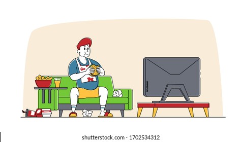 Fastfood Addiction, Unhealthy Eating Bad Habit Concept. Fat Man Character Sitting on Couch at Home with Plenty of Fast Food Contain Carbohydrates and Oils Watch Tv, Obesity. Linear Vector Illustration