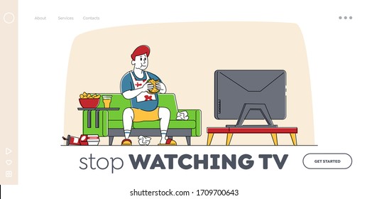 Fastfood Addiction, Unhealthy Eating Bad Habit, Obesity Landing Page Template. Fat Man Character Sitting on Couch at Home with Plenty of Fast Food Contain Oils Watch Tv. Linear Vector Illustration