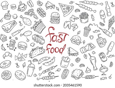 Fast-food background, linear graphic, snack, collection, food, engraved, top view