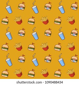 fastfood background. vector pattern. flat cartoon icons design. burger, fries, drink