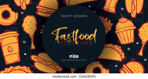 FastFood banner with tasty dishes. Burger, French Fries, Soft Drinks and Coffee. Hand draw doodle background