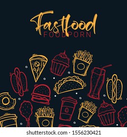 FastFood banner with tasty dishes. Burger, French Fries, Soft Drinks and Coffee. Hand draw doodle background