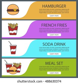 Fastfood banner templates set. Easy to edit. Hamburger, french fries, soda drink, fast food meal set. Website menu items. Color web banner. Vector headers design concepts