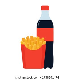 Fastfood bottle of soda in plastic packaging and fry potato in red Box. French, fried meal in package and refreshing carbonated cola drink. Vector flat design illustration