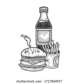 Fastfood burger drink French fries sketch engraving vector illustration. T-shirt apparel print design. Scratch board imitation. Black and white hand drawn image.