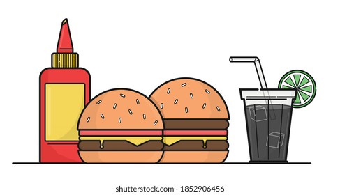 Fastfood burger with soda and katchup