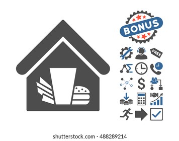 Fastfood Cafe icon with bonus images. Vector illustration style is flat iconic bicolor symbols, cobalt and gray colors, white background.