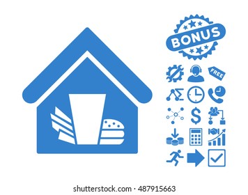 Fastfood Cafe icon with bonus icon set. Vector illustration style is flat iconic symbols, cobalt color, white background.