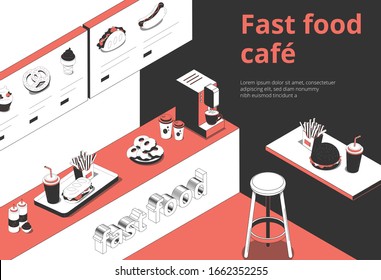 Fastfood Cafe Interior Isometric Composition With Digital Menu Board Counter Order Tray French Fries Donuts Vector Illustration