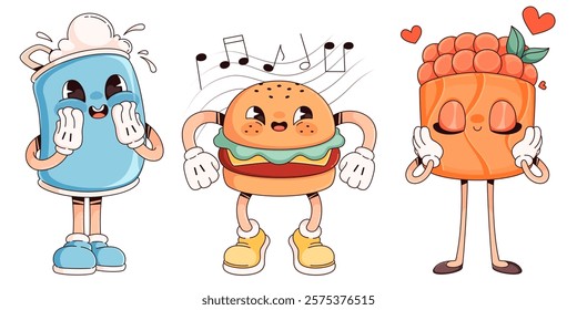 Fastfood cartoon character collection - fizzy drink can with splashing foam, happy hamburger with lettuce and cheese, sushi roll with salmon topped with fish caviar and hearts. Cute snack mascots.