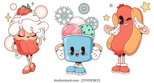 Fastfood cartoon character set - whipped cream cupcake topped with strawberry, cheerful ice cream bucket with snowflake decorations, smiling hot dog with mustard topping. Cute tasty snack mascots.