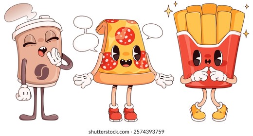 Fastfood cartoon character set - yawning coffee cup with bean logo and steam, pepperoni pizza slice with speech bubbles, sparkling french fries in red carton box. Kawaii snack and drink mascots.