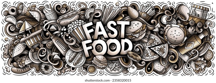 Fastfood cartoon doodles illustration. Fast food funny objects and elements vector banner design. Creative art background.