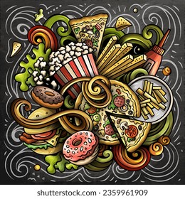 Fastfood cartoon doodles illustration. Fast food funny objects and elements design. Colorful vector chalkboard background.