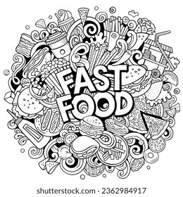 Fastfood cartoon doodles illustration. Fast food funny objects and elements vector design.