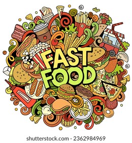 Fastfood cartoon doodles illustration. Fast food funny objects and elements vector design.